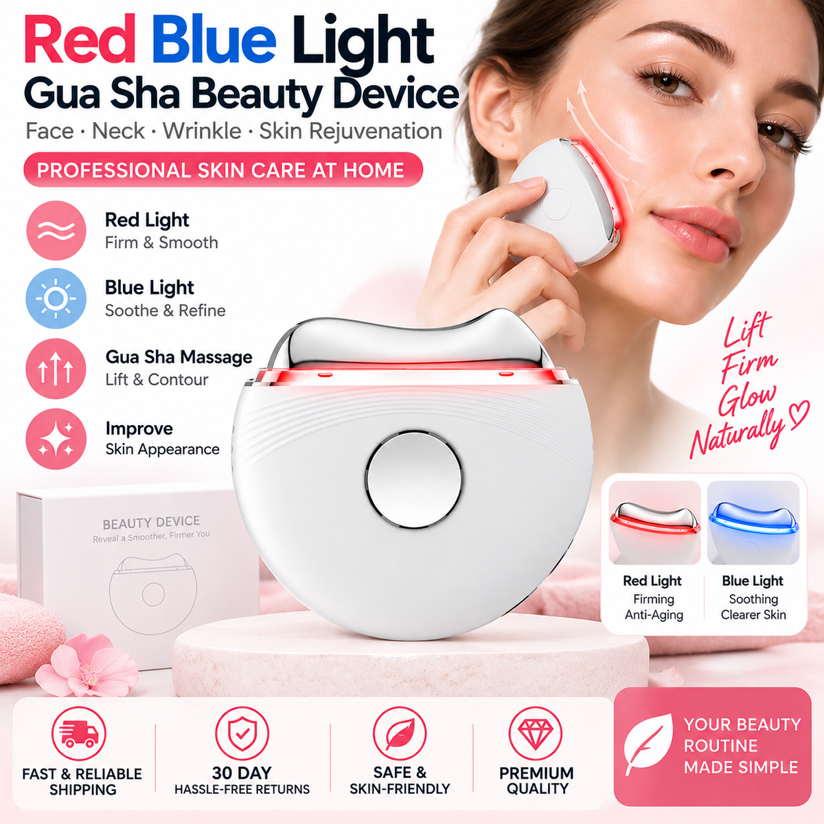 Red Blue Light Gua Sha Beauty Device Face Neck Wrinkle Skin Rejuvenation Home Use