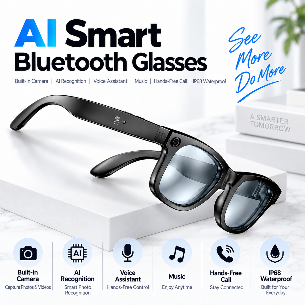AI Smart Bluetooth Glasses – Built-In Camera, Real-Time Translation, Interchangeable Anti-Blue Light Lenses