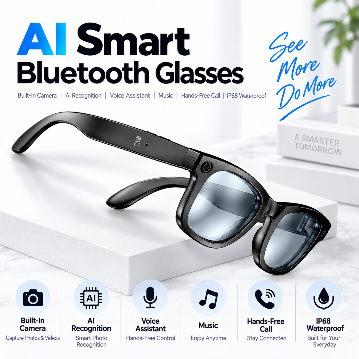 AI Smart Bluetooth Glasses – Built-In Camera, Real-Time Translation, Interchangeable Anti-Blue Light Lenses
