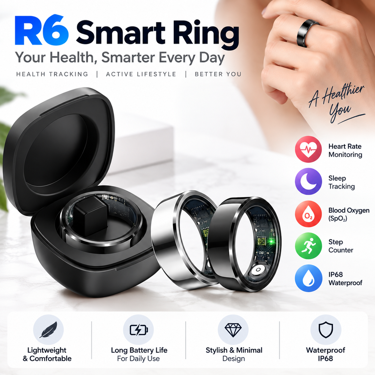 R6 Smart Ring – Waterproof Health Tracker with Heart Rate, Sleep, Blood Oxygen & Step Counter