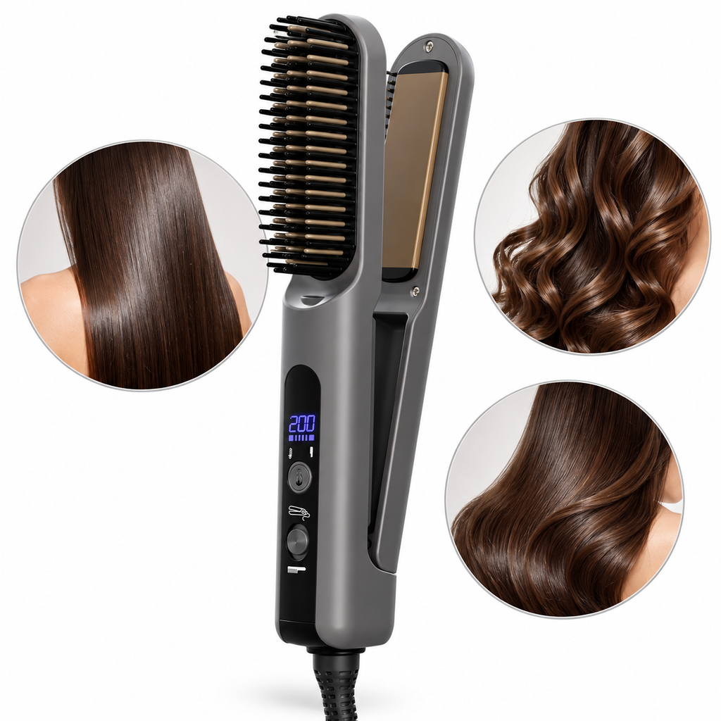 3-in-1 Curling and Straightening Iron One-Touch Styling Hair Protection Detachable Design Pink Gray