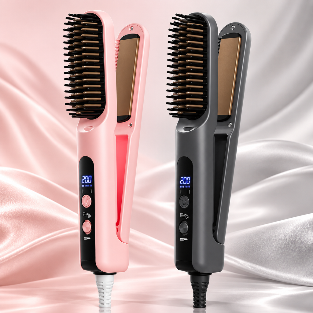 3-in-1 Curling and Straightening Iron One-Touch Styling Hair Protection Detachable Design Pink Gray