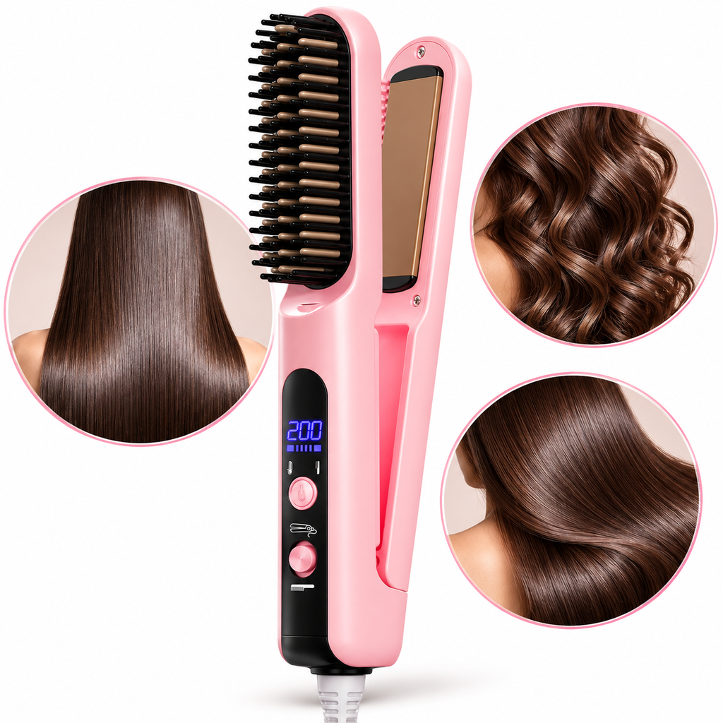 3-in-1 Curling and Straightening Iron One-Touch Styling Hair Protection Detachable Design Pink Gray